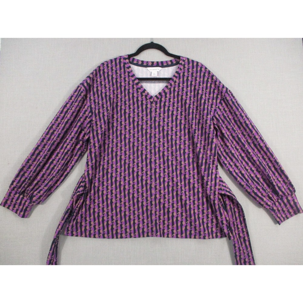 Liz Claiborne Purple Geometric V-Neck Puff Sleeve Tie Waist Blouse XXL 76604-8